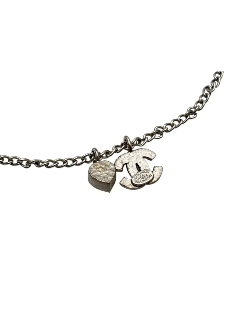Chanel CC Logo Heart Necklace 04 42 Rhinestone Metal Clear Silver